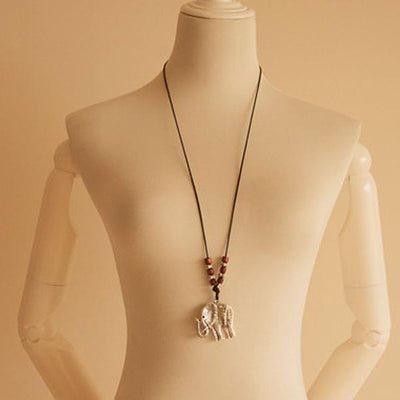 Alloy Elephant Wooden Beads Pendant Necklaces