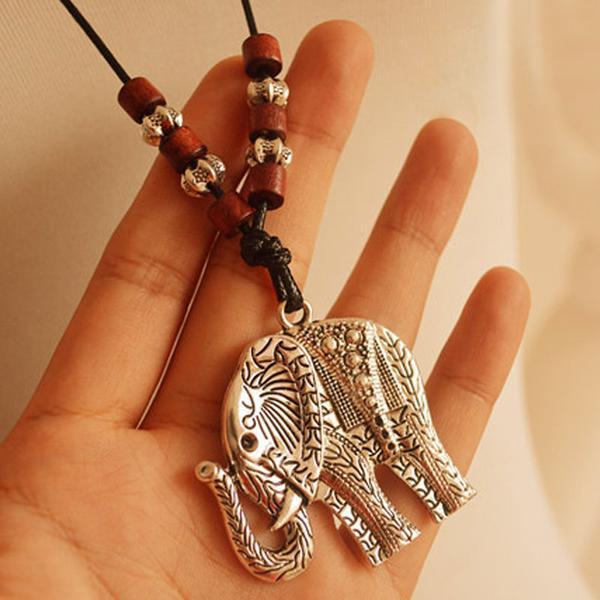 Alloy Elephant Wooden Beads Pendant Necklaces