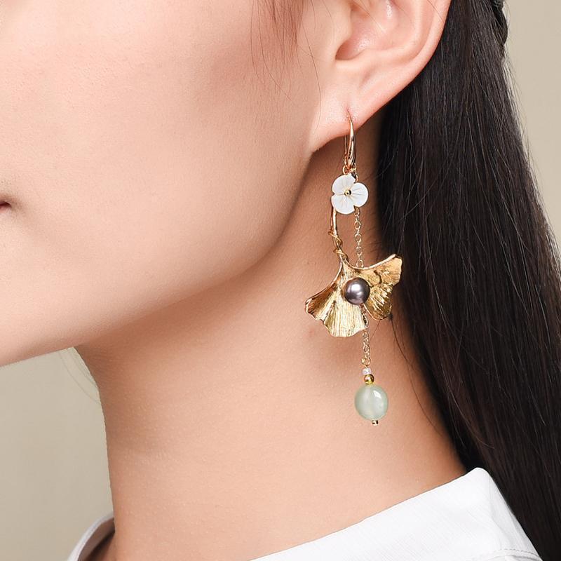 Asymmetric Ginkgo Gold Plated Drop Earrings