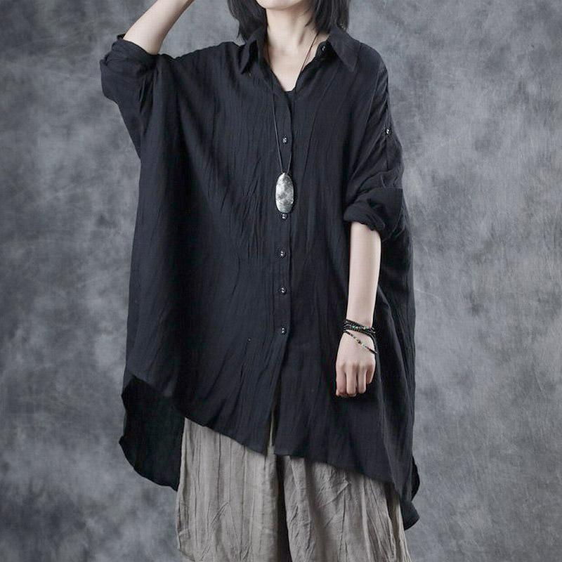 Asymmetrical Loose Casual Linen Button Shirt 2019 March New One Size Black 