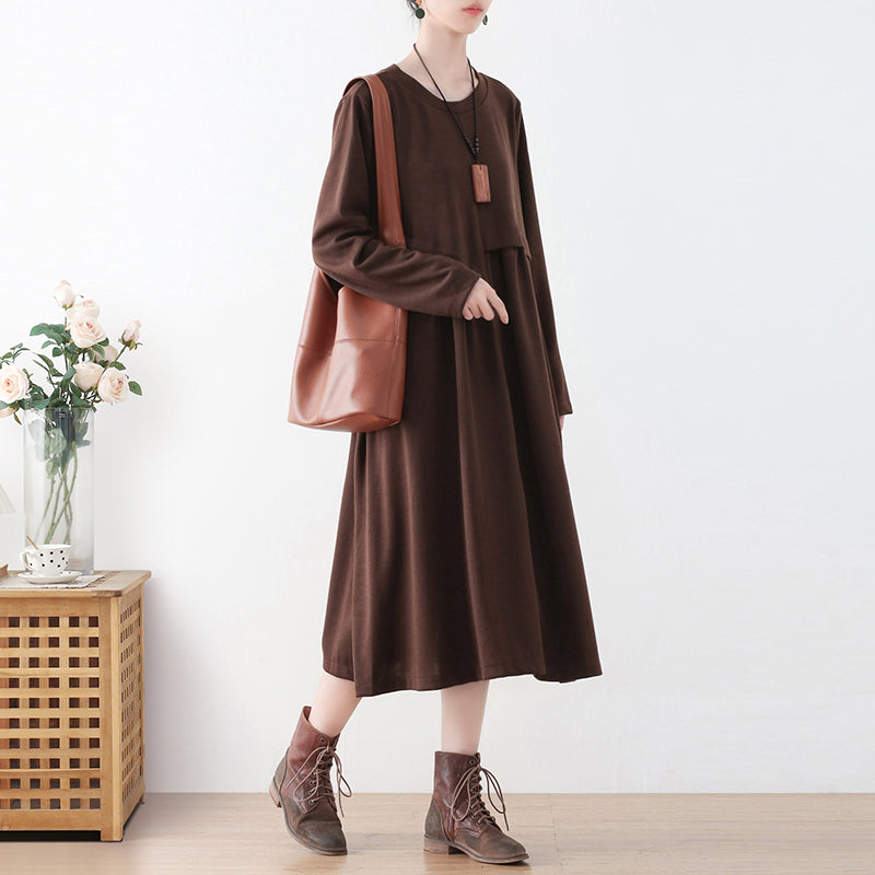 Autumn A-Line Cotton Solid Patchwork Dress Sep 2022 New Arrival One Size Brown 