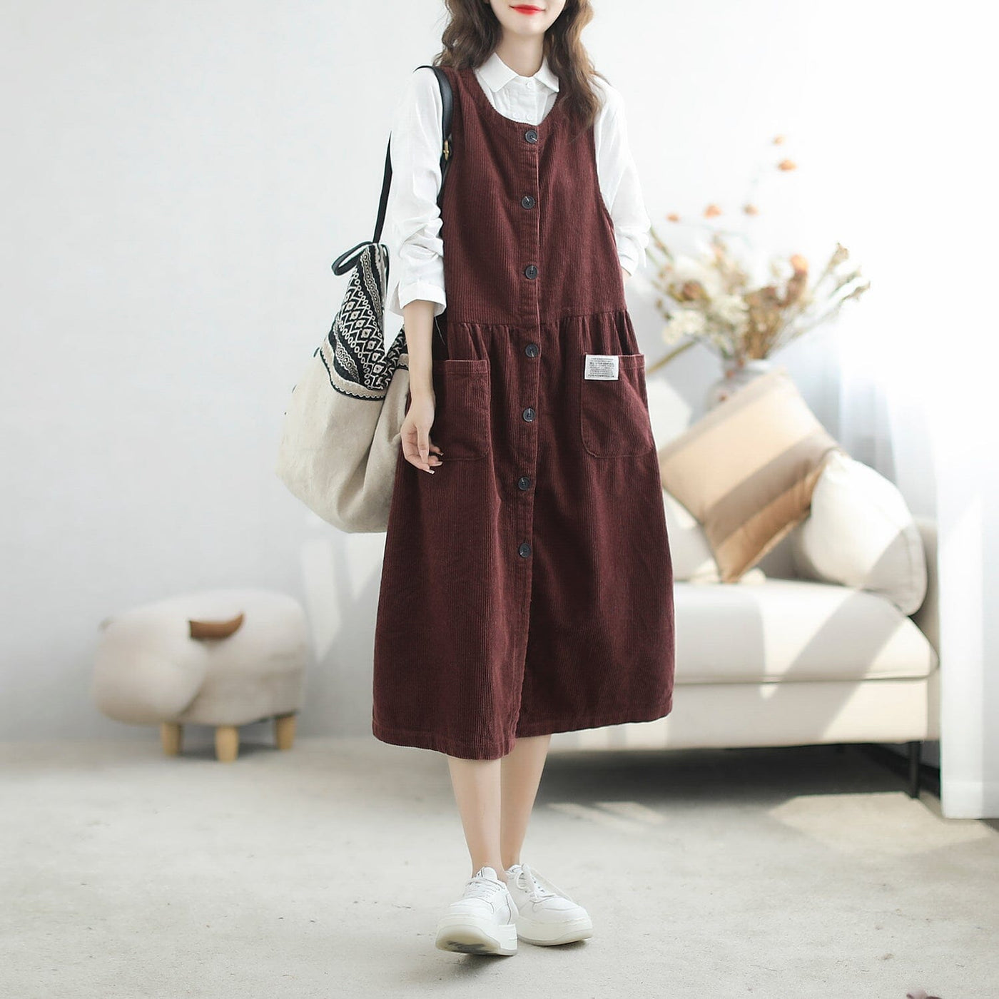 Autumn Casual Corduroy Solid Sleeveless Dress Sep 2023 New Arrival 