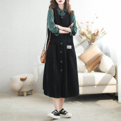 Autumn Casual Corduroy Solid Sleeveless Dress Sep 2023 New Arrival One Size Black 