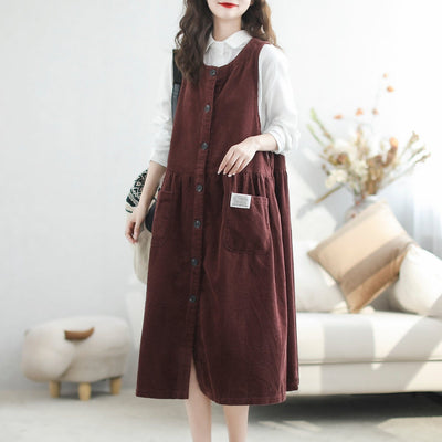 Autumn Casual Corduroy Solid Sleeveless Dress Sep 2023 New Arrival One Size Wine Red 