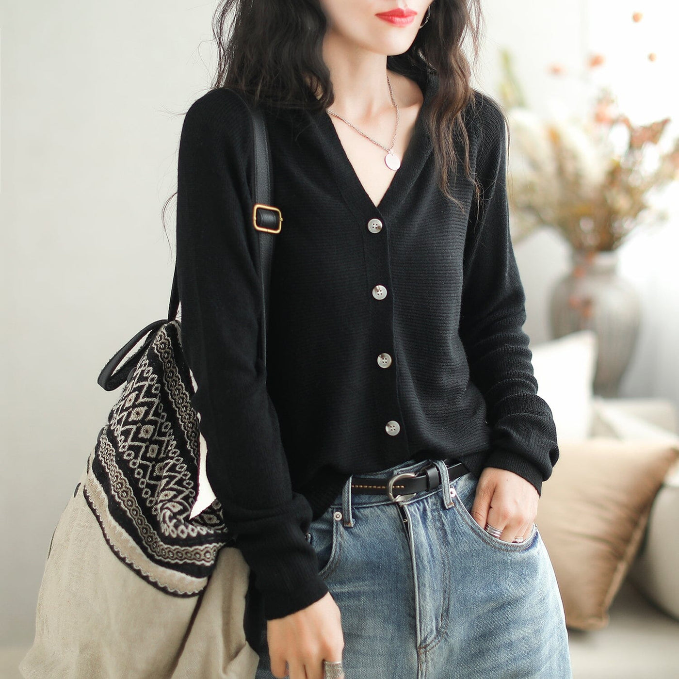 Autumn Casual Fashin Knitted Cardigan Aug 2023 New Arrival One Size Black 
