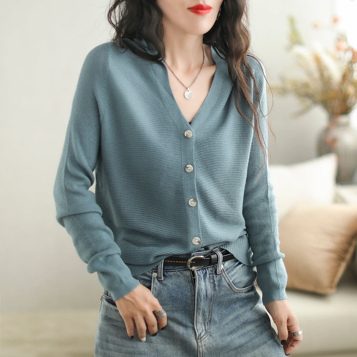 Autumn Casual Fashin Knitted Cardigan Aug 2023 New Arrival One Size Blue 