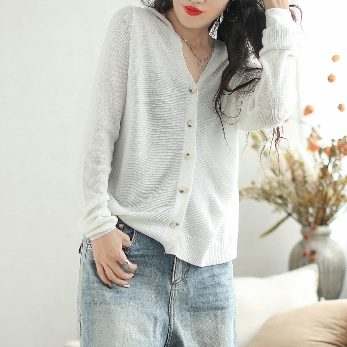 Autumn Casual Fashin Knitted Cardigan Aug 2023 New Arrival One Size White 