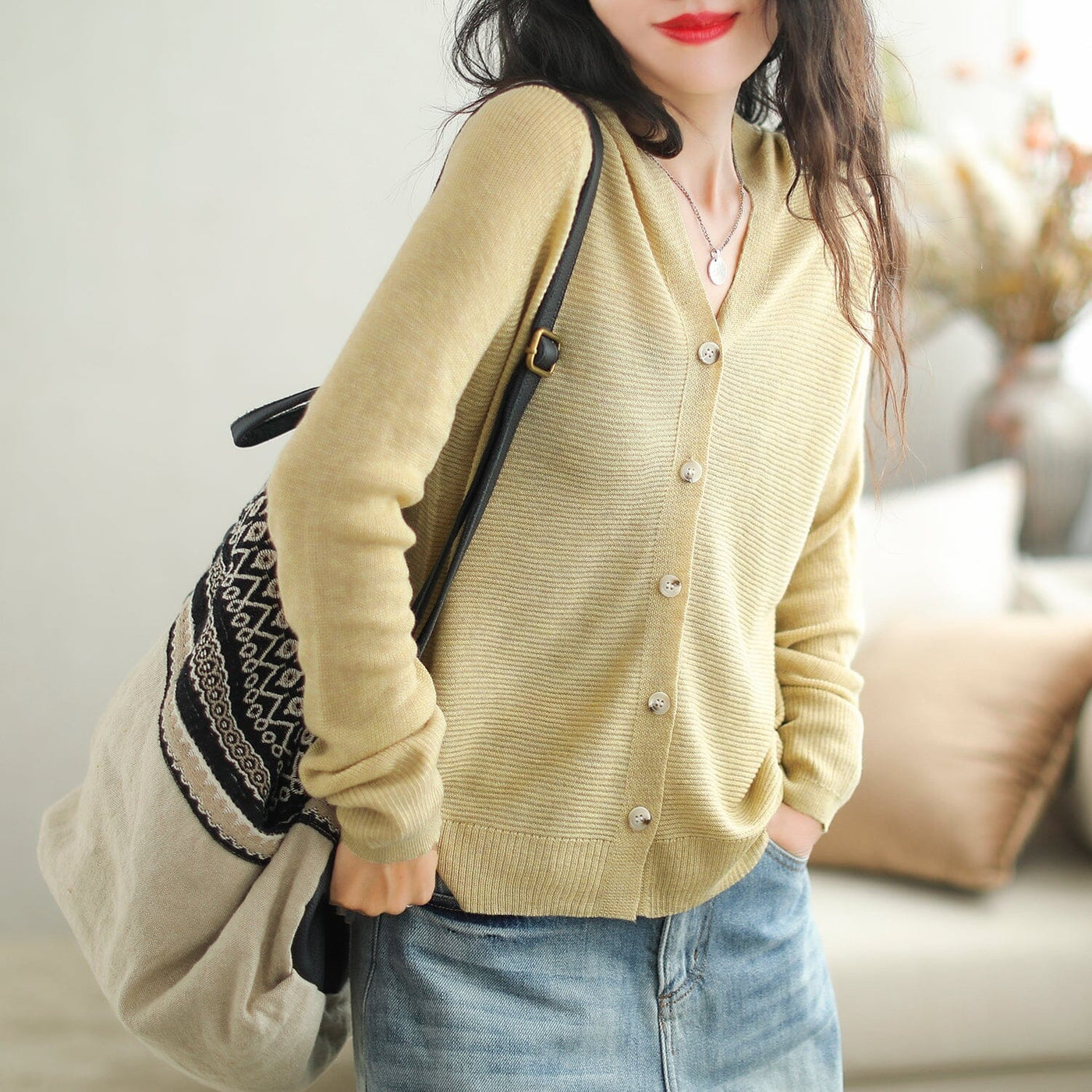 Autumn Casual Fashin Knitted Cardigan Aug 2023 New Arrival One Size Yellow 