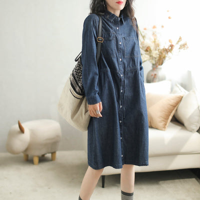 Autumn Casual Fashion Long Sleeve Denim Dress Sep 2023 New Arrival One Size Navy 