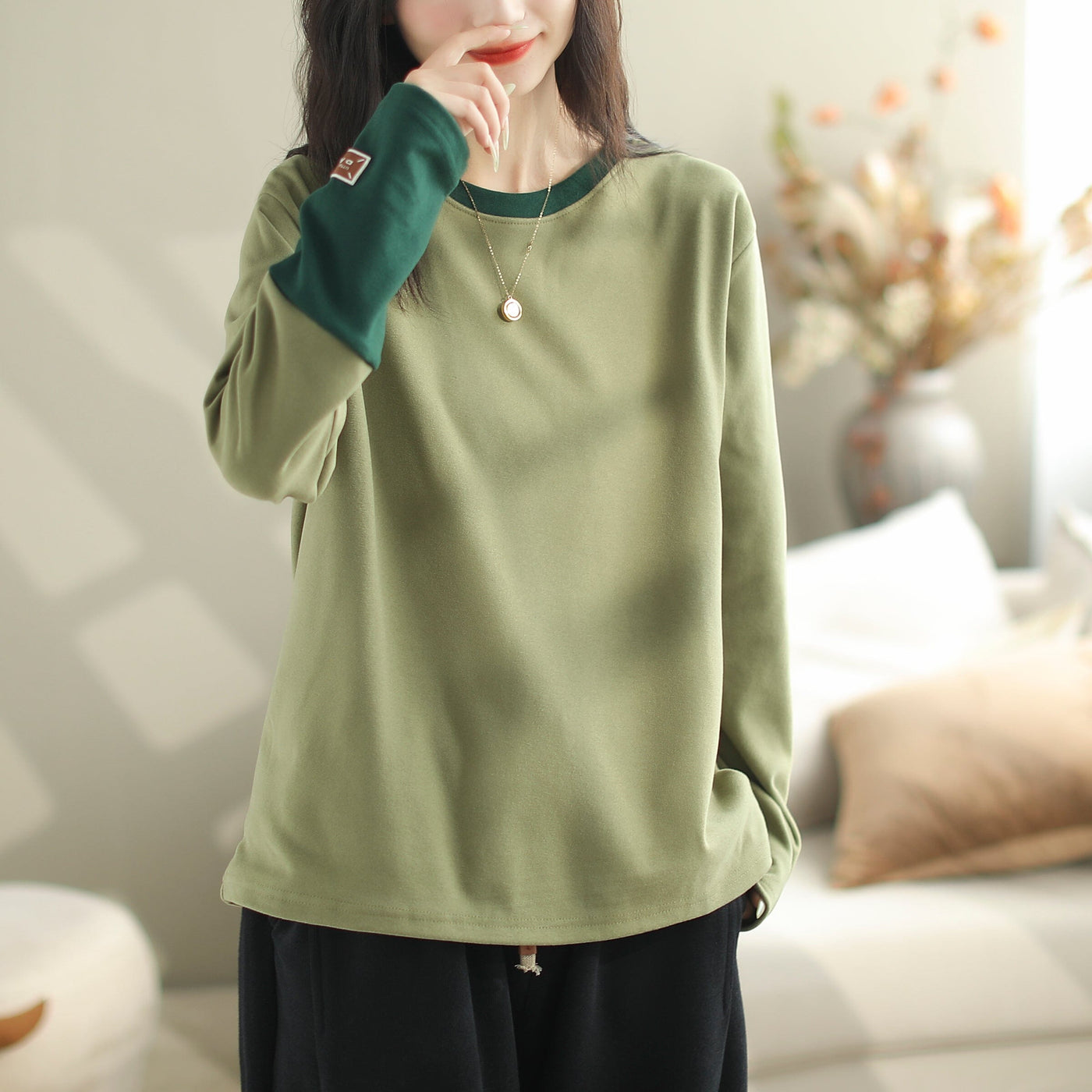 Autumn Casual Fashion Patchwork Loose T-Shirt Oct 2023 New Arrival One Size Green 