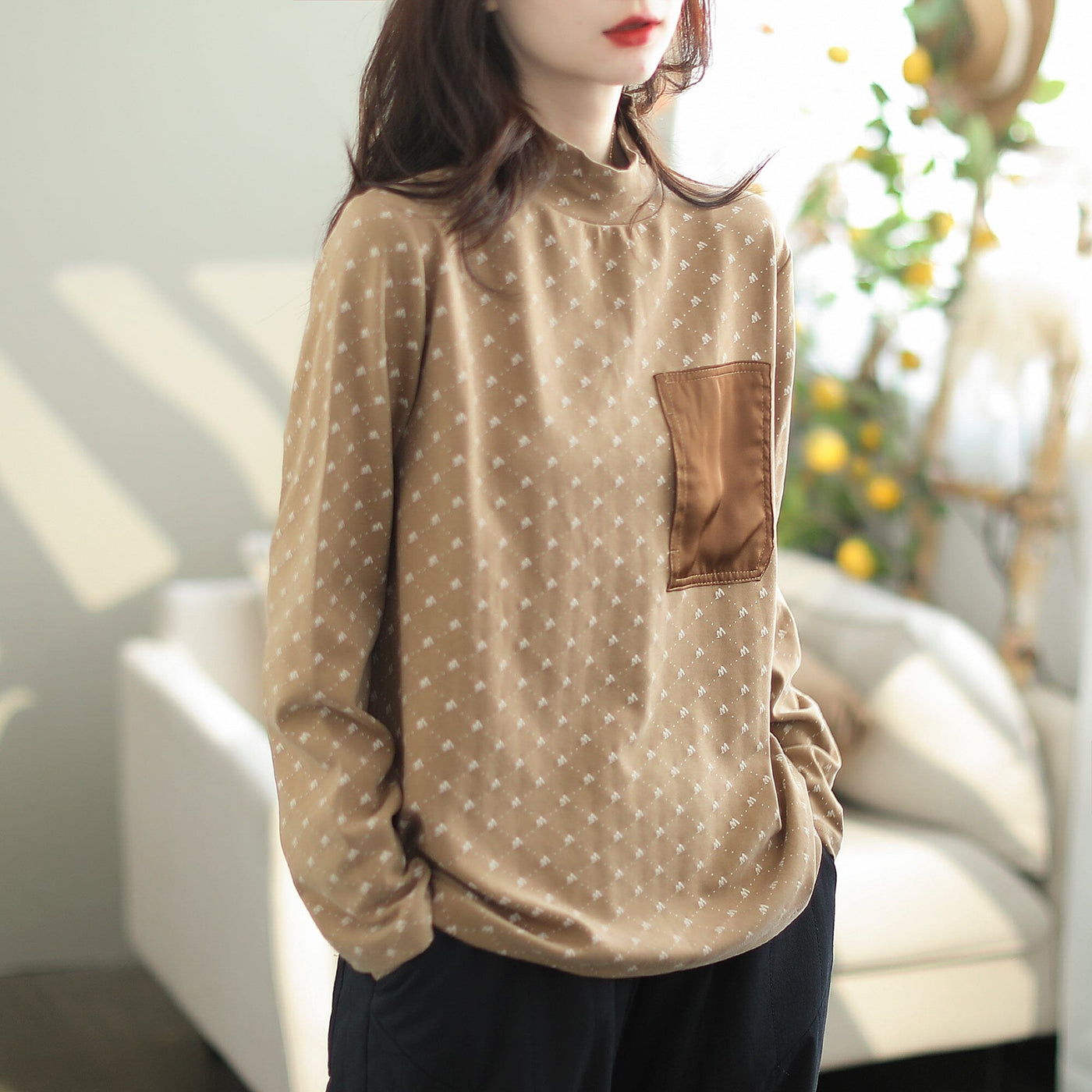 Autumn Casual Fashion Print Cotton Shirt Oct 2023 New Arrival One Size Khaki 