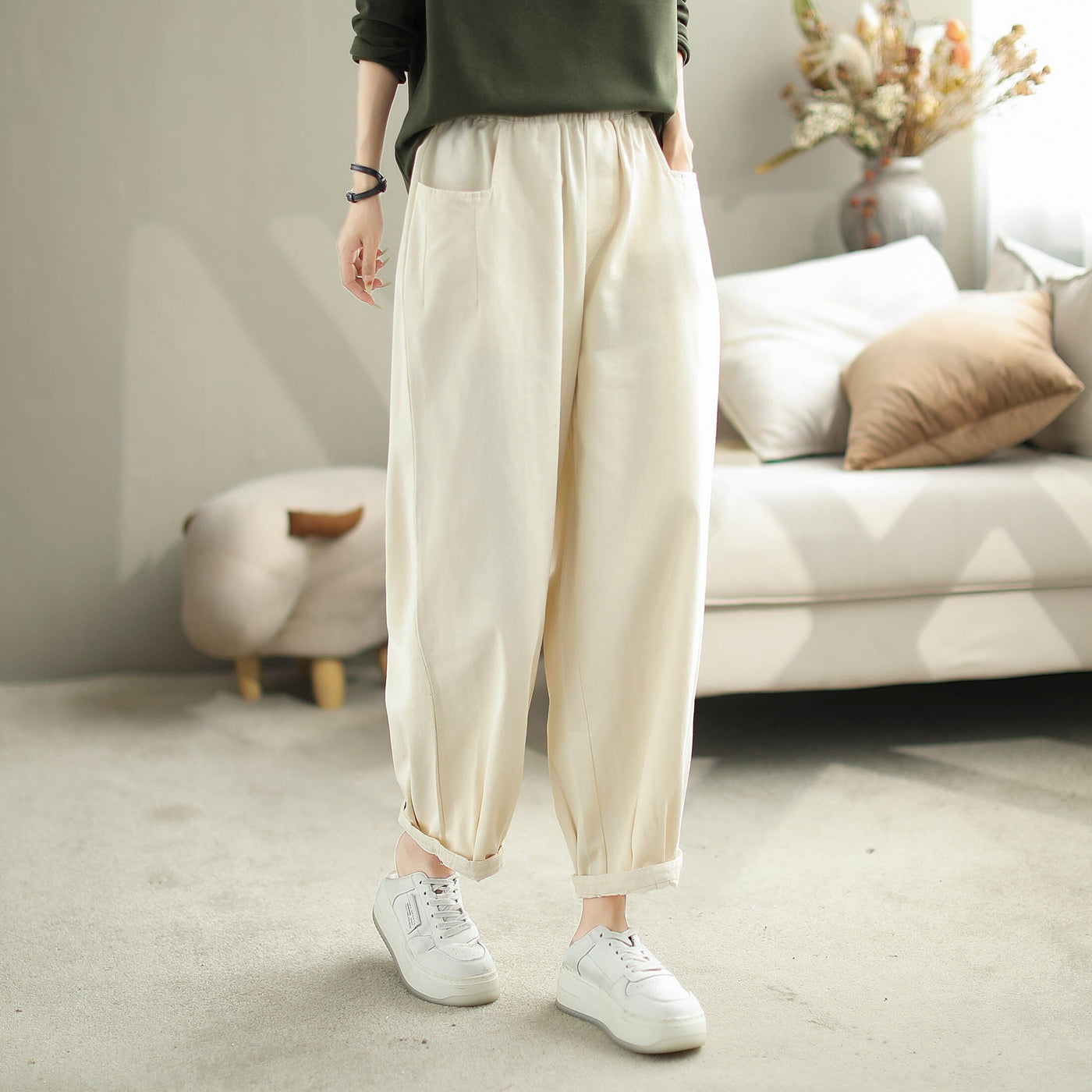 Autumn Casual Fashion Solid Cotton Loose Pants Oct 2023 New Arrival One Size Beige 