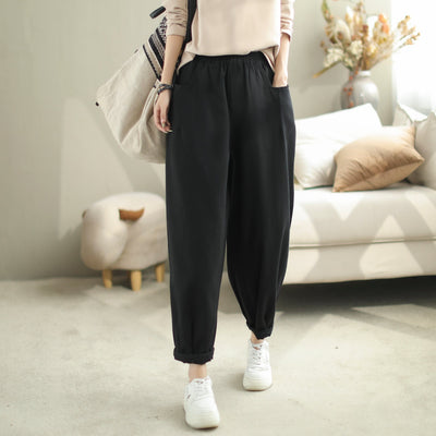 Autumn Casual Fashion Solid Cotton Loose Pants Oct 2023 New Arrival One Size Black 