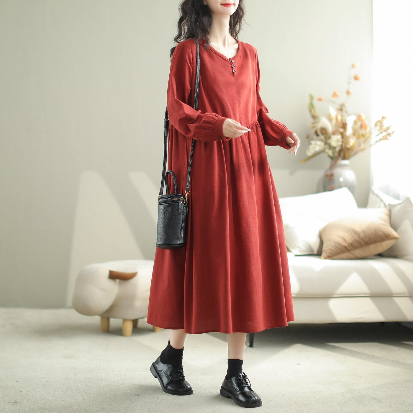 Autumn Casual Fashion Solid Loose A-Line Dress Oct 2023 New Arrival One Size Red 