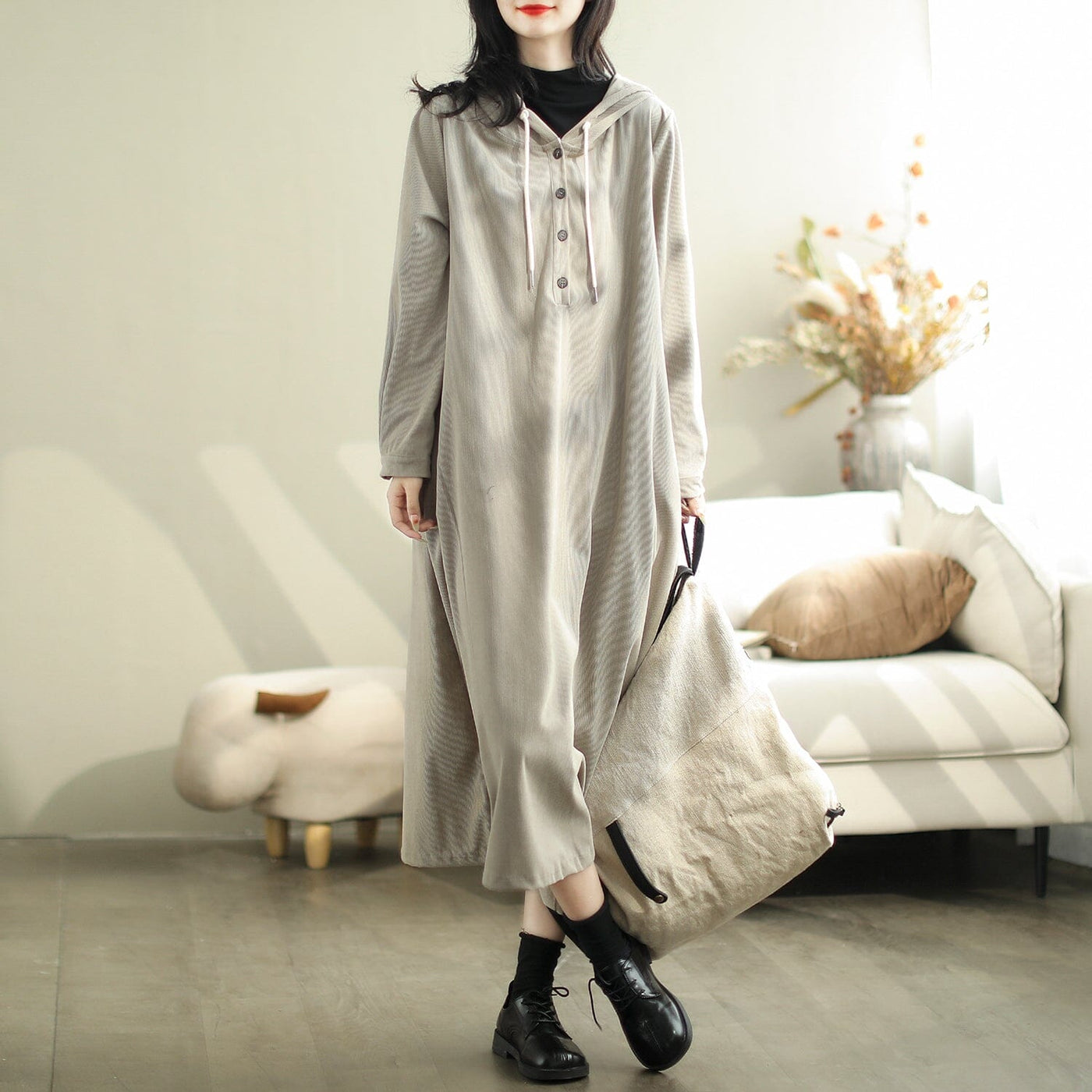 Autumn Casual Fashion Solid Stripe Cotton Dress Oct 2023 New Arrival 