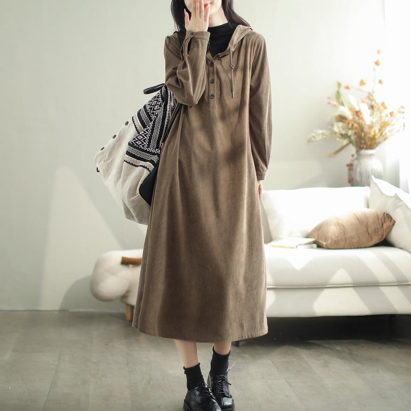 Autumn Casual Fashion Solid Stripe Cotton Dress Oct 2023 New Arrival One Size Coffee 