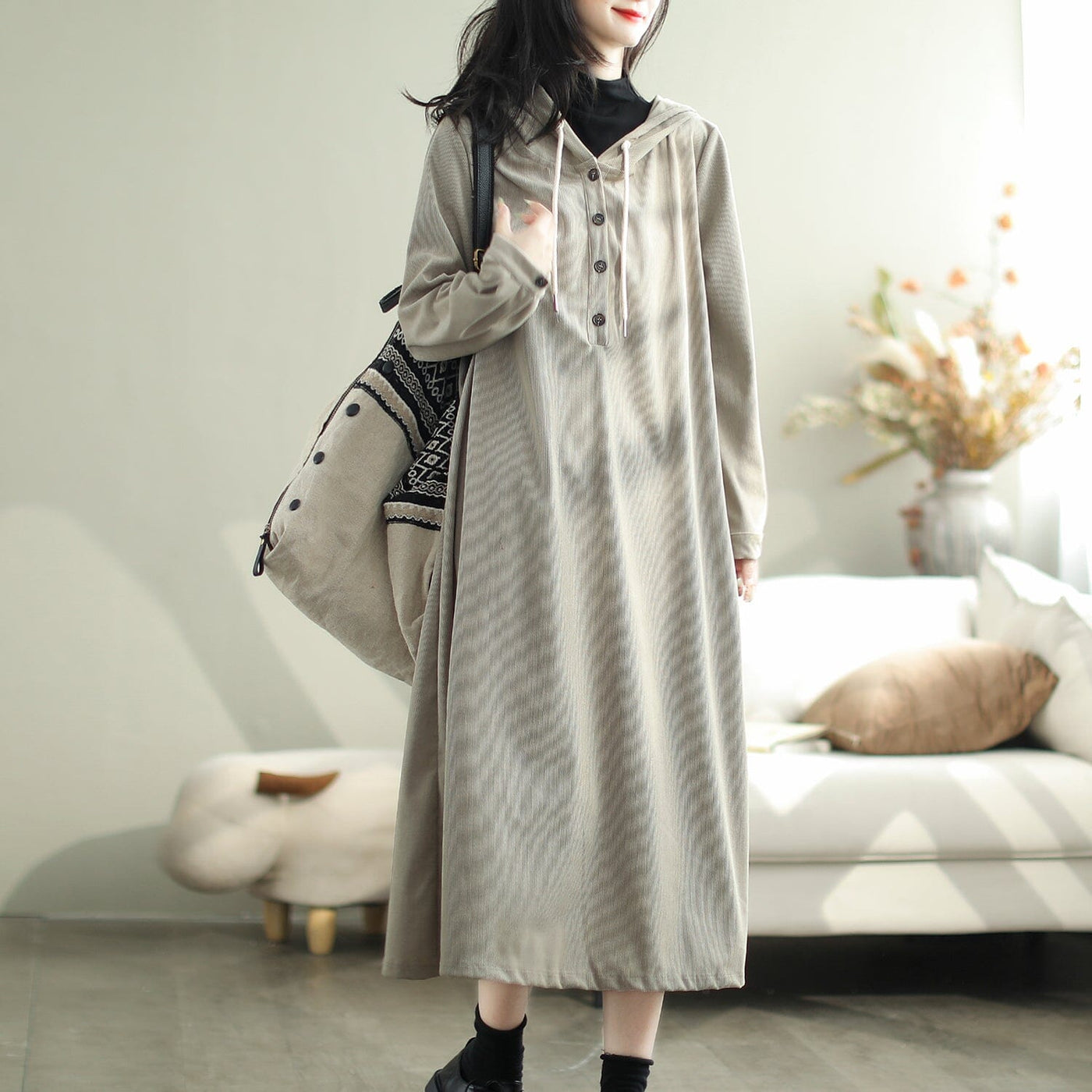 Autumn Casual Fashion Solid Stripe Cotton Dress Oct 2023 New Arrival One Size Gray 