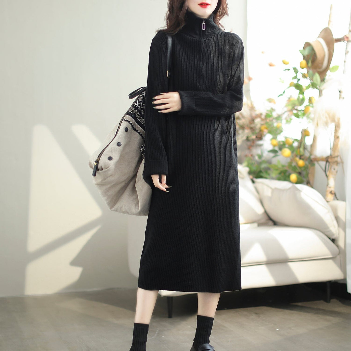 Autumn Casual Knitted Turtleneck Dress Oct 2023 New Arrival One Size Black 