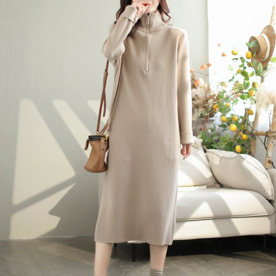 Autumn Casual Knitted Turtleneck Dress Oct 2023 New Arrival One Size Khaki 