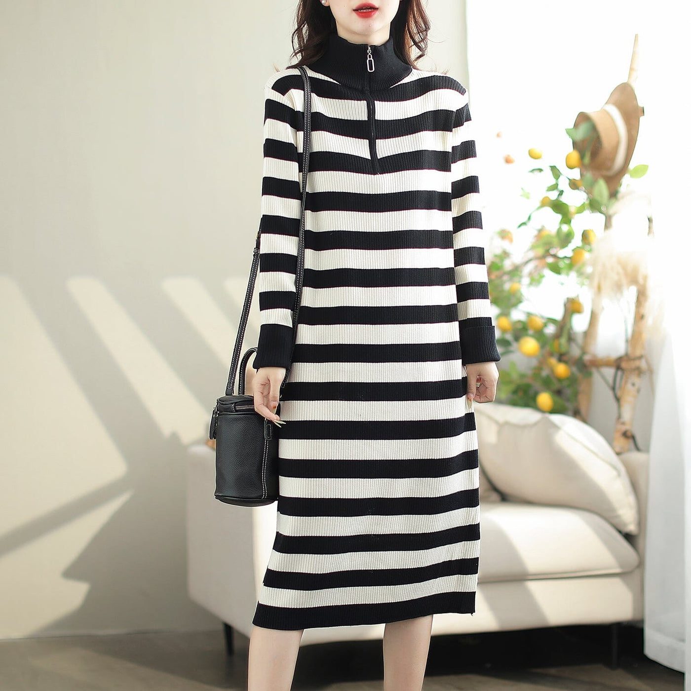 Autumn Casual Knitted Turtleneck Dress Oct 2023 New Arrival One Size Stripe 
