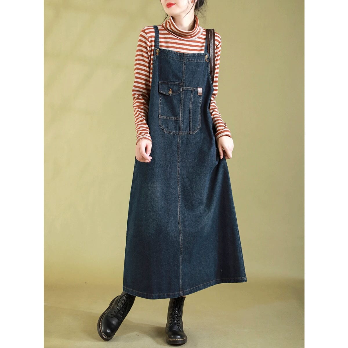 Autumn Casual Retro Strap Denim Dress Sep 2023 New Arrival Blue M 