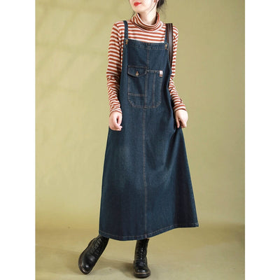 Autumn Casual Retro Strap Denim Dress Sep 2023 New Arrival Blue M 