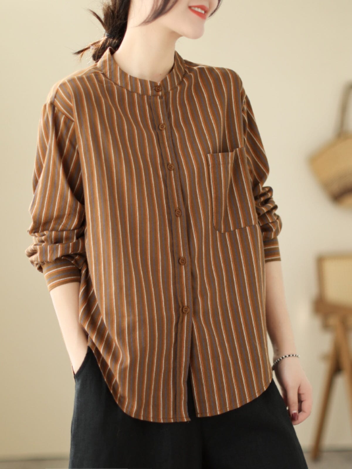 Autumn Casual Stripe Loose Long Sleeve Blouse Aug 2023 New Arrival 