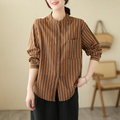 Autumn Casual Stripe Loose Long Sleeve Blouse Aug 2023 New Arrival M Coffee 