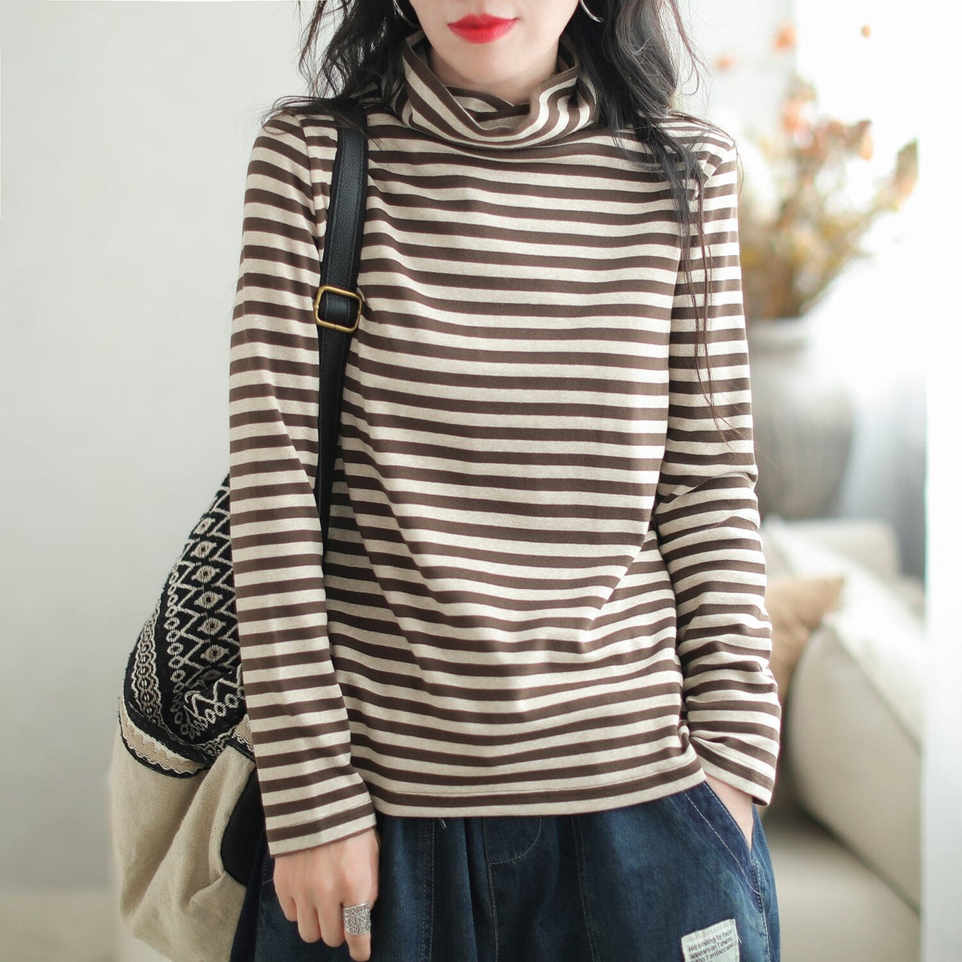 Autumn Casual Stripe Turtleneck T-Shirt Aug 2023 New Arrival One Size Coffee 