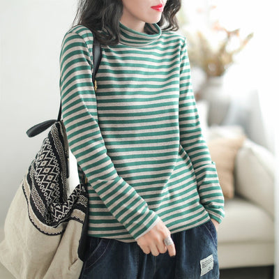 Autumn Casual Stripe Turtleneck T-Shirt Aug 2023 New Arrival One Size Green 