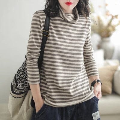 Autumn Casual Stripe Turtleneck T-Shirt Aug 2023 New Arrival One Size Light Brown 