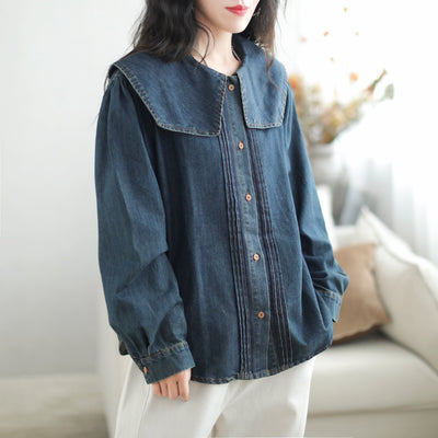Autumn Casual Stylish Loose Ruffle Denim Blouse Aug 2023 New Arrival One Size Navy 