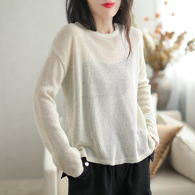 Autumn Casual Stylish Minimalist Stripe Knitted Top Aug 2023 New Arrival One Size Beige 