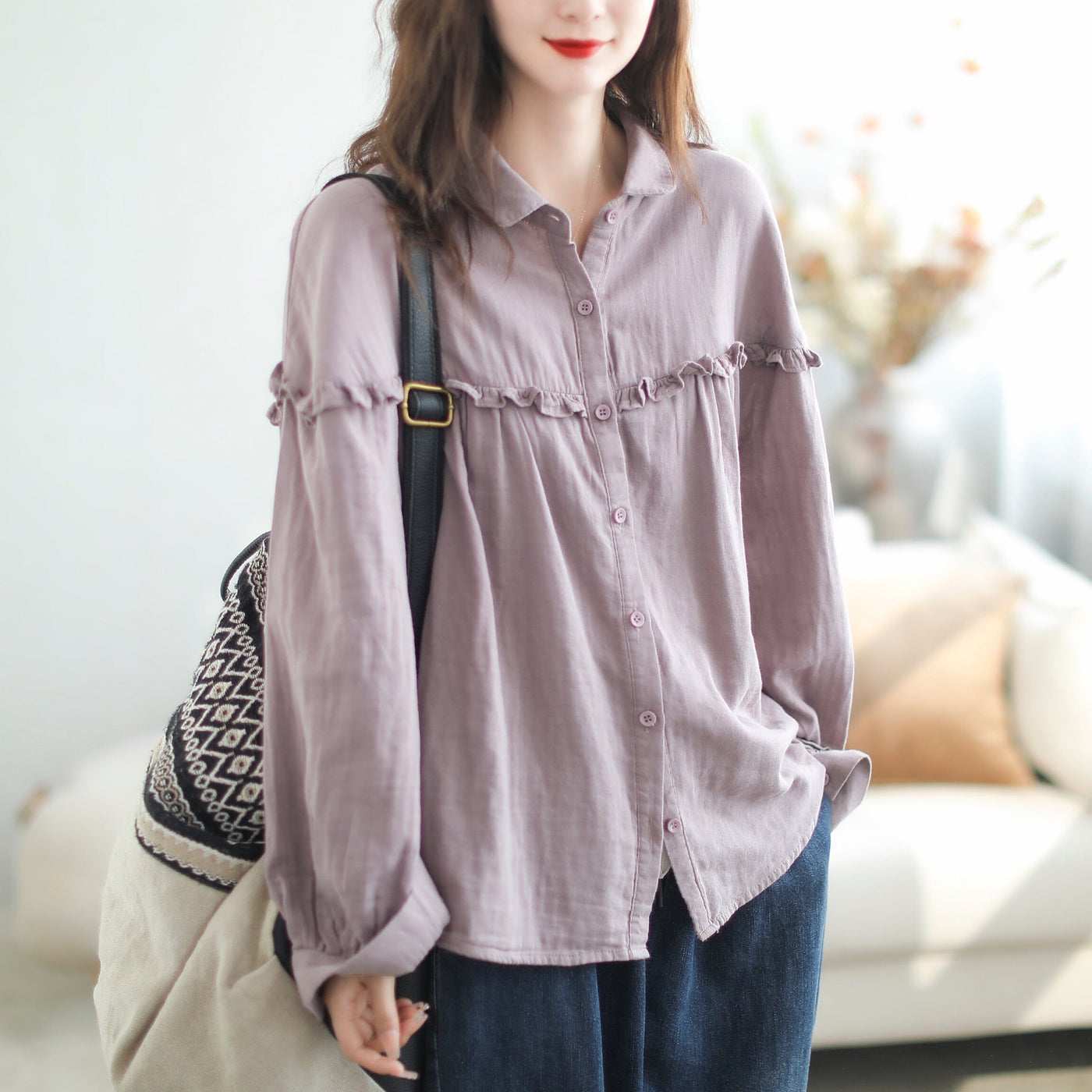 Autumn Casual Stylish Patchwork Ruffle Loose Blouse Sep 2023 New Arrival 