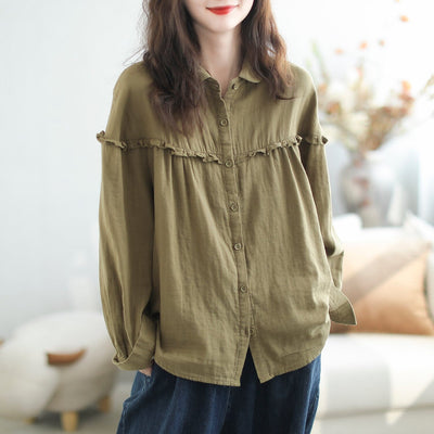 Autumn Casual Stylish Patchwork Ruffle Loose Blouse Sep 2023 New Arrival One Size Olive 