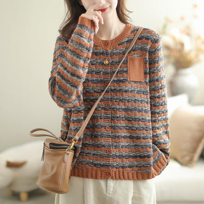 Autumn Casual Stylish Stripe Cotton Knitted Loose Cardigan