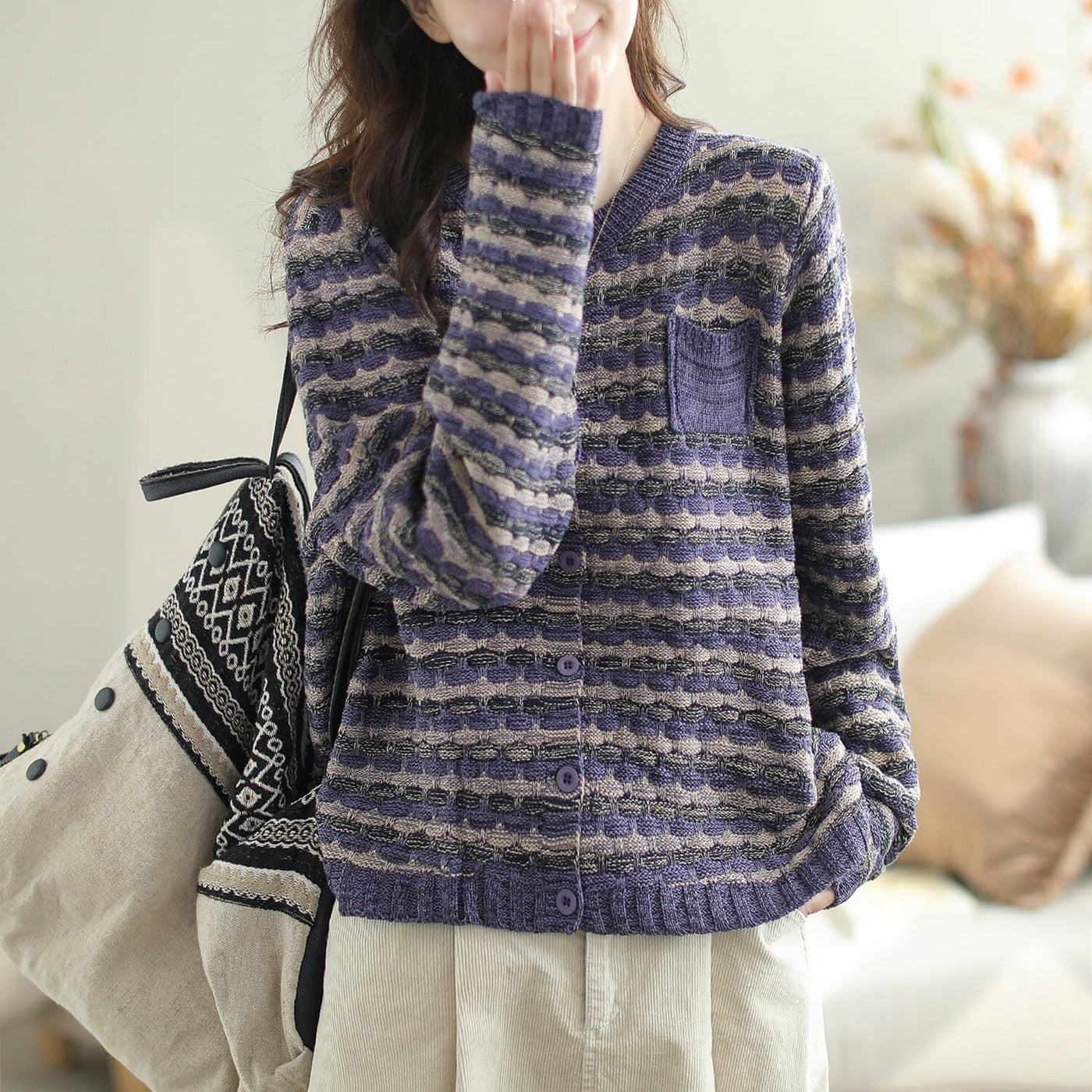 Autumn Casual Stylish Stripe Cotton Knitted Loose Cardigan