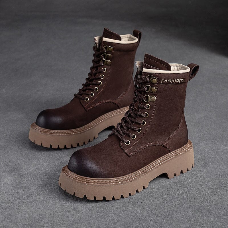 Autumn Cloassic Leather Lug Sole Combat Boots Sep 2023 New Arrival Brown 35 