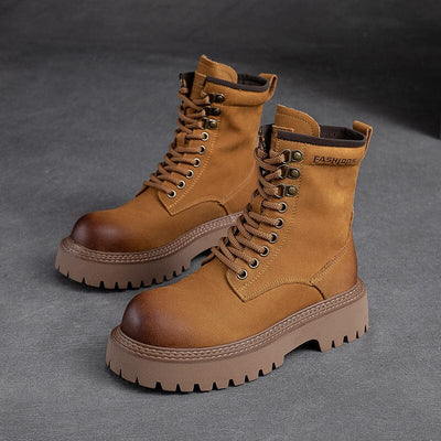 Autumn Cloassic Leather Lug Sole Combat Boots Sep 2023 New Arrival Yellow 35 