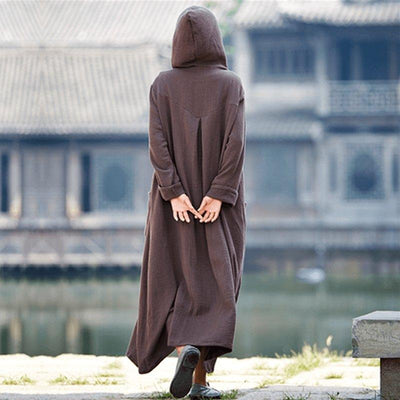 Autumn Cotton And Linen Retro Loose Cardigan Hooded Coat - Babakud