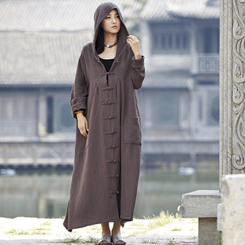 Autumn Cotton And Linen Retro Loose Cardigan Hooded Coat - Babakud