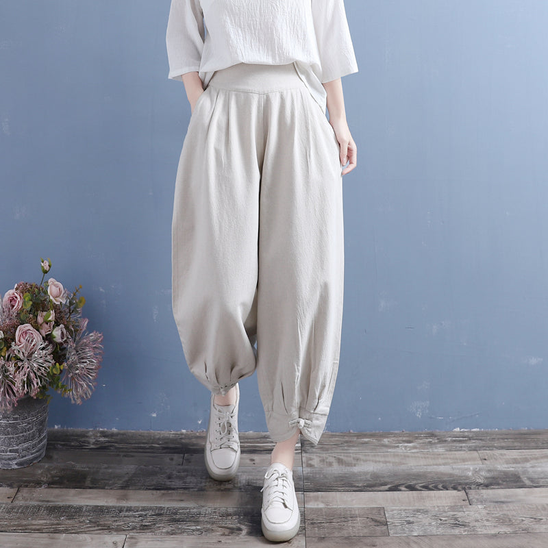 Autumn Cotton Linen Bloomers Casual Retro Pants Aug 2022 New Arrival One Size Apricot 
