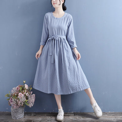 Autumn Cotton Linen Casual Pliad Dress Sep 2022 New Arrival One Size Blue 