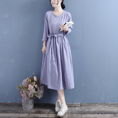 Autumn Cotton Linen Casual Pliad Dress Sep 2022 New Arrival One Size Purple 