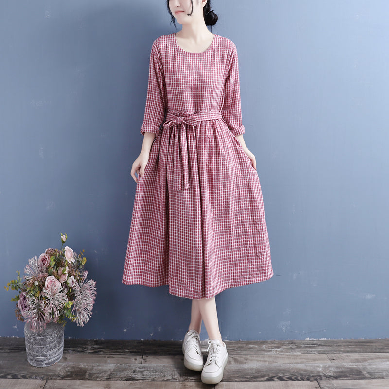 Autumn Cotton Linen Casual Pliad Dress Sep 2022 New Arrival One Size Red 