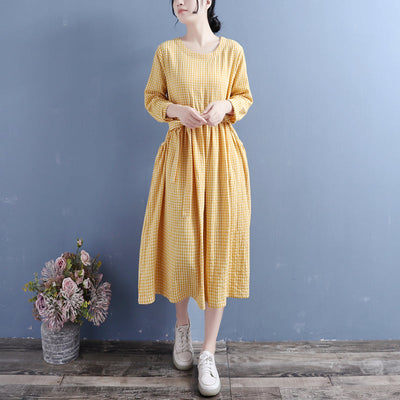 Autumn Cotton Linen Casual Pliad Dress Sep 2022 New Arrival One Size Yellow 
