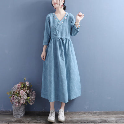 Autumn Cotton Linen Floral Embroidery Retro Dress Oct 2022 New Arrival One Size Blue 