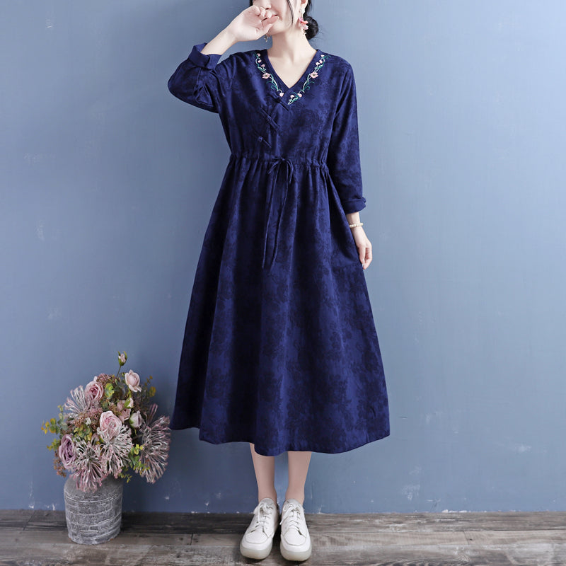Autumn Cotton Linen Floral Embroidery Retro Dress Oct 2022 New Arrival One Size Navy 