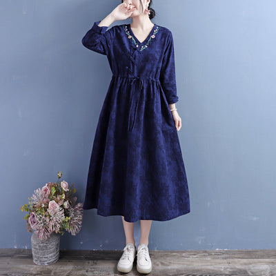 Autumn Cotton Linen Floral Embroidery Retro Dress Oct 2022 New Arrival One Size Navy 