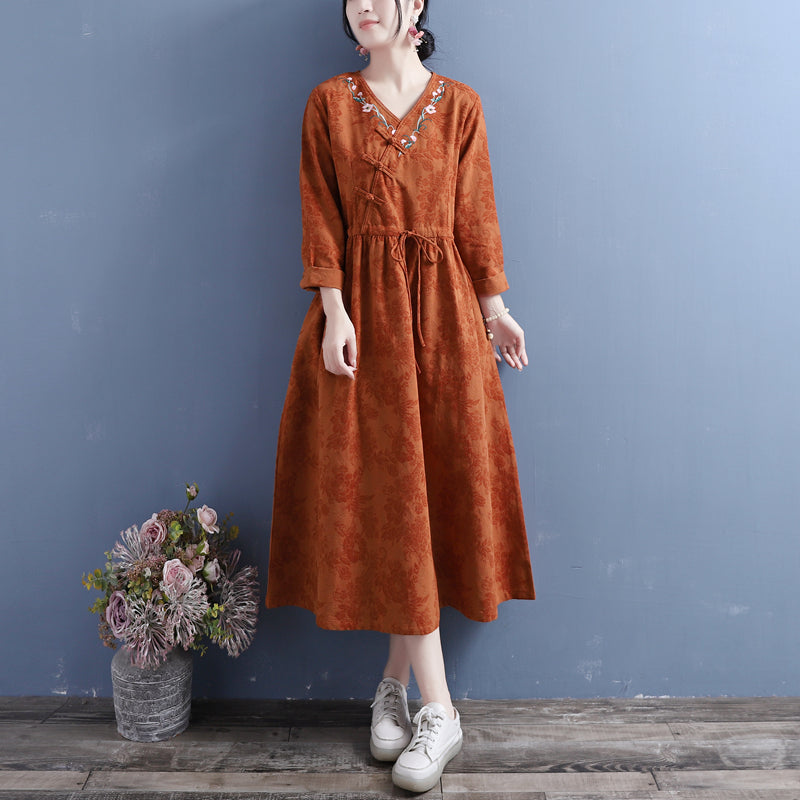 Autumn Cotton Linen Floral Embroidery Retro Dress Oct 2022 New Arrival One Size Orange 